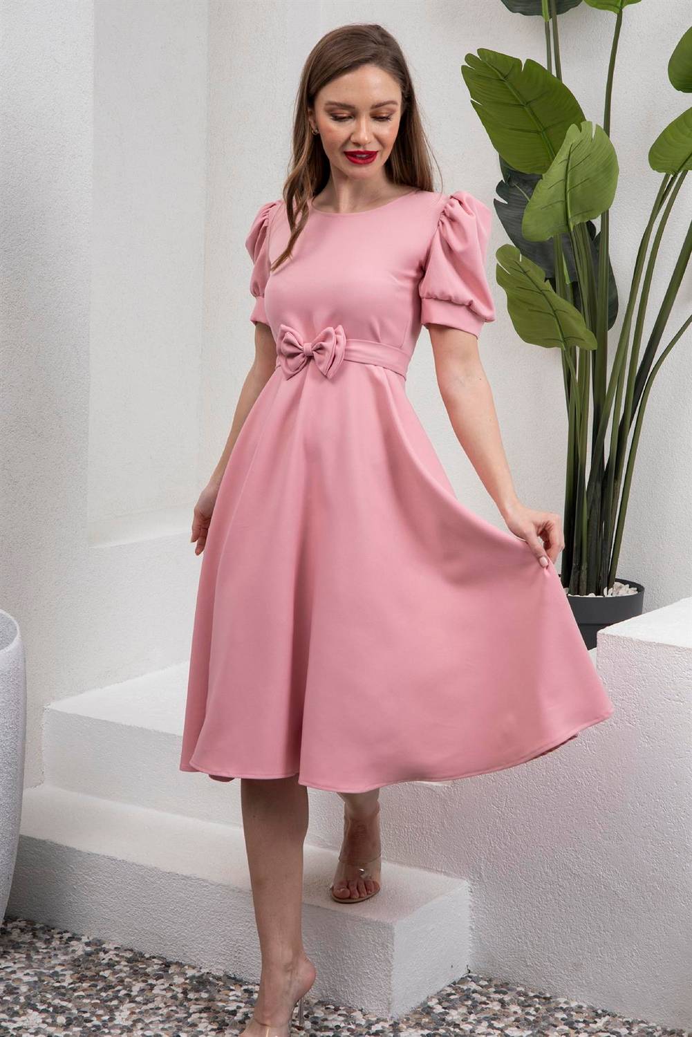 Pudra Rengi Krep Karpuz Kol Kloş Midi Boy Elbise