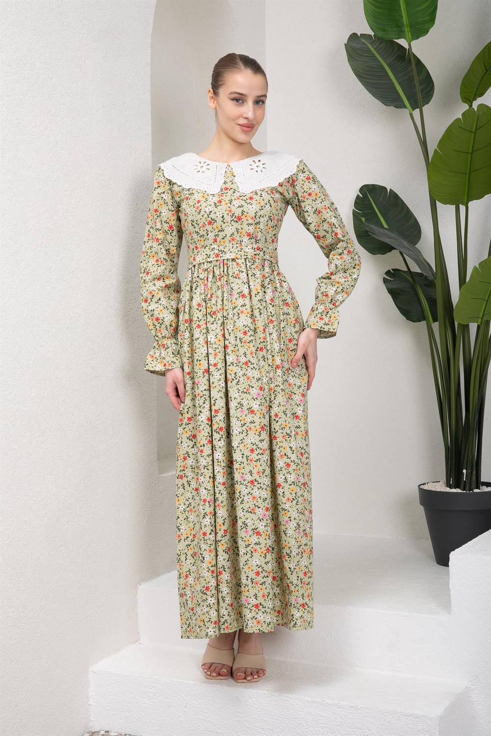 Винтажное платье с воротником-фисто на зелёном фоне с цветочным принтом, 100% натуральный хлопок, доступно в размерах S-3XL