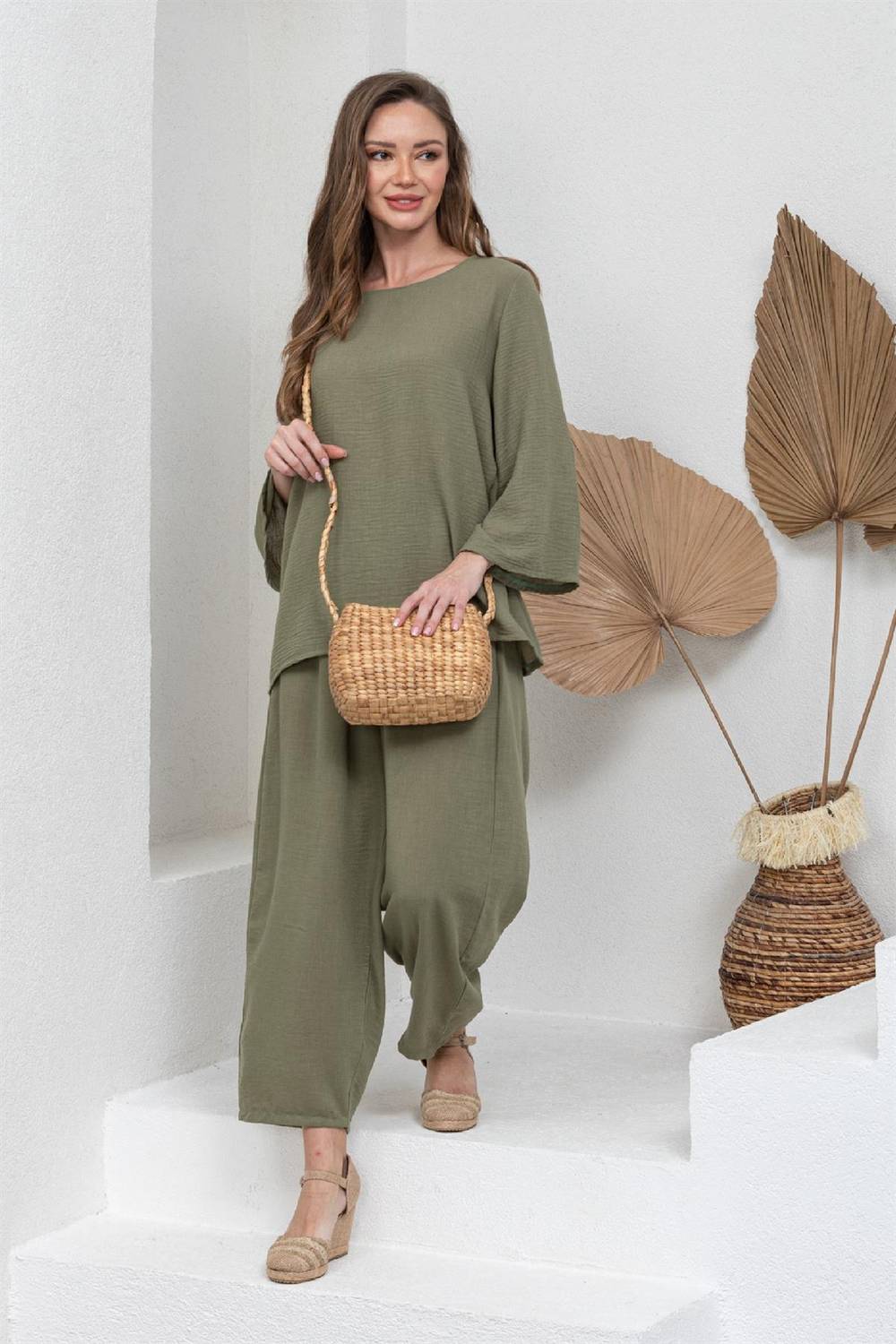 Green Cotton Linen Long Sleeve Blouse and Loose Trousers Set