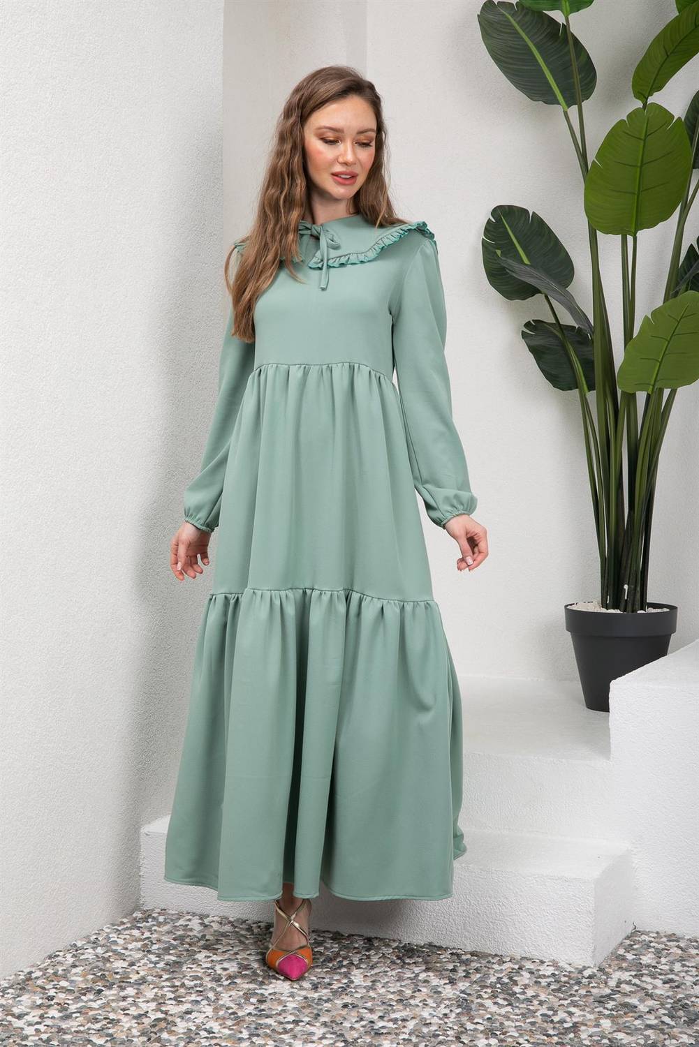 Сукня з коміром в стилі хали, кольору шавлії, з трикотажу, подвійна креп, розмір S-3XL