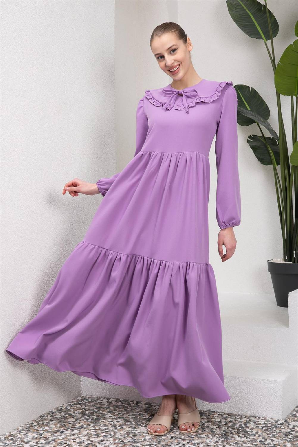 Hijab Mobile Collar Lilac Layered Crepe Dress