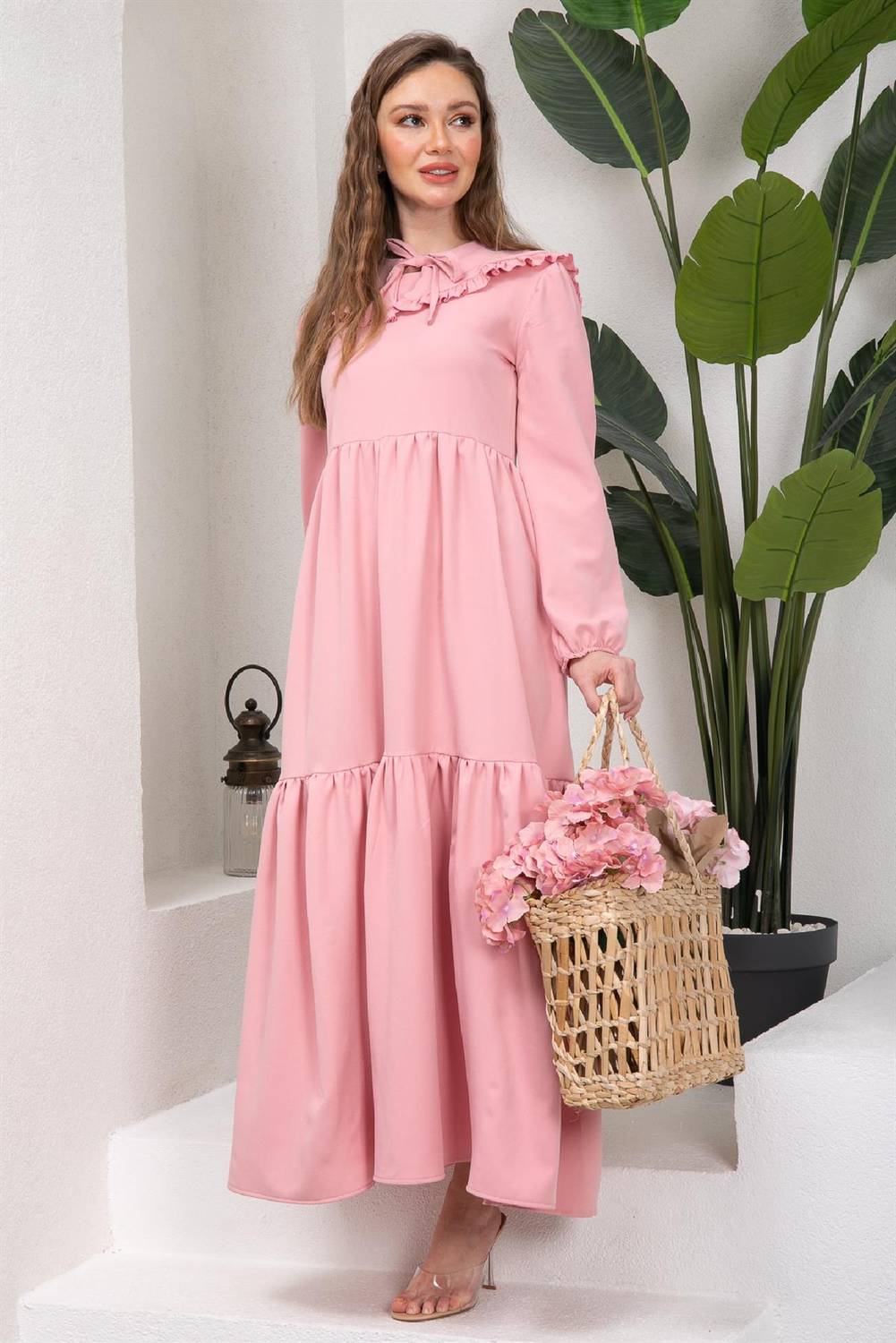 Елегантна сукня з подвійного крепу, пудрового кольору, з кишенями, плаття для пуританок у розмірах S-3XL