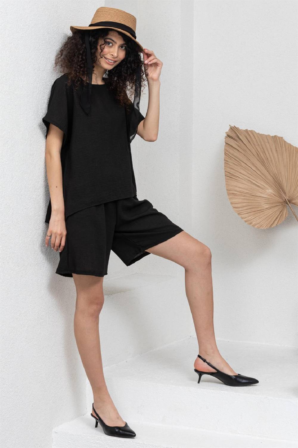 Black Cotton Linen Short Sleeve Blouse and Shorts 2-Pack Set