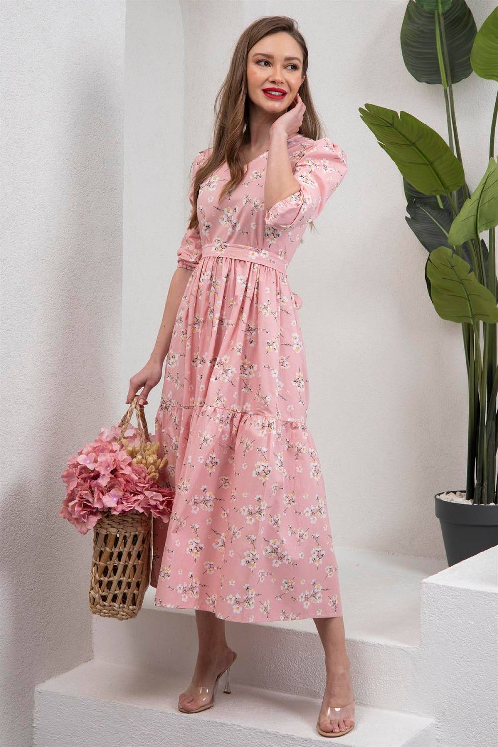 Powder Color V-Neck Midi Length Spring Branch Dress