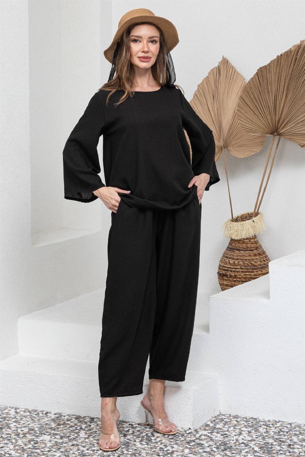 Black Cotton Linen Long Sleeve Blouse and Loose Trousers 2-Pack Set