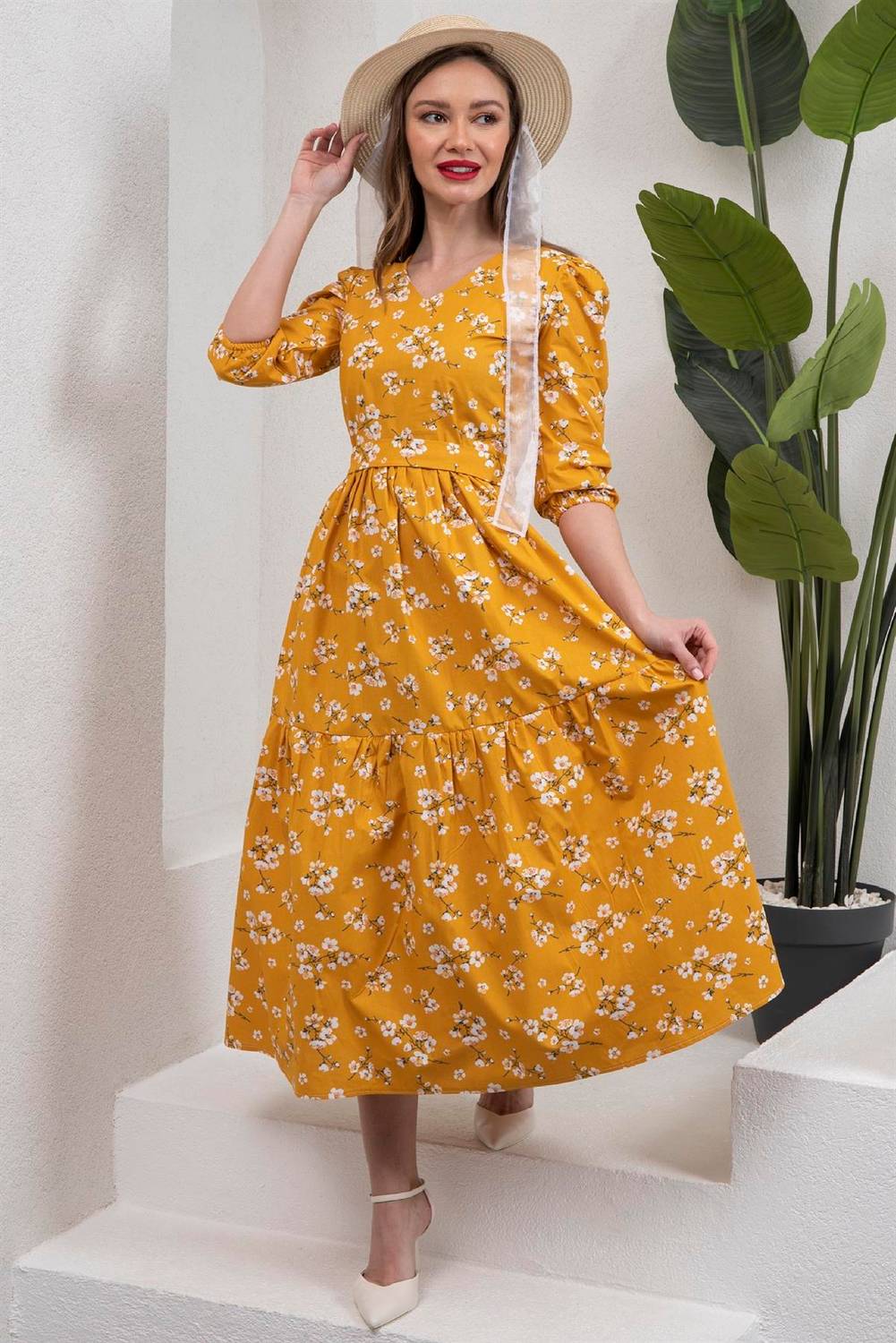 Mustard Color V-Neck Midi Length Spring Branch Dress