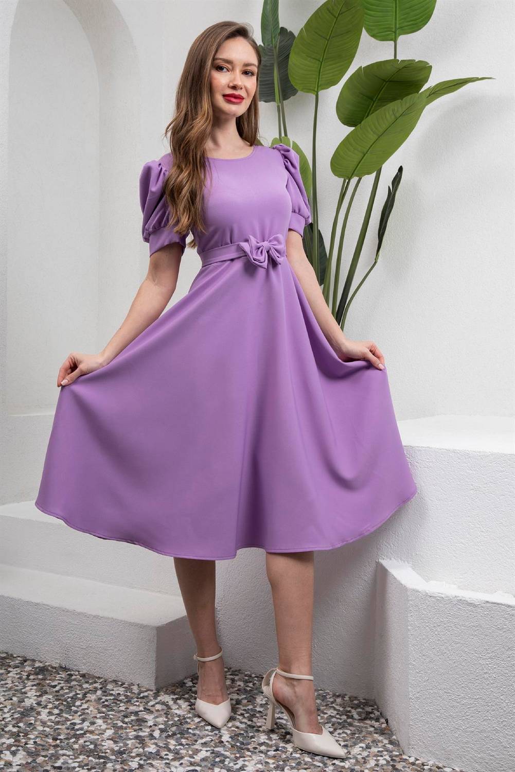 Сукня міді зі складкою з фіолетового крепу, подвійна тканина (бавовна-поліестер), розміри від 36 до 46, рекомендується ручне прання.