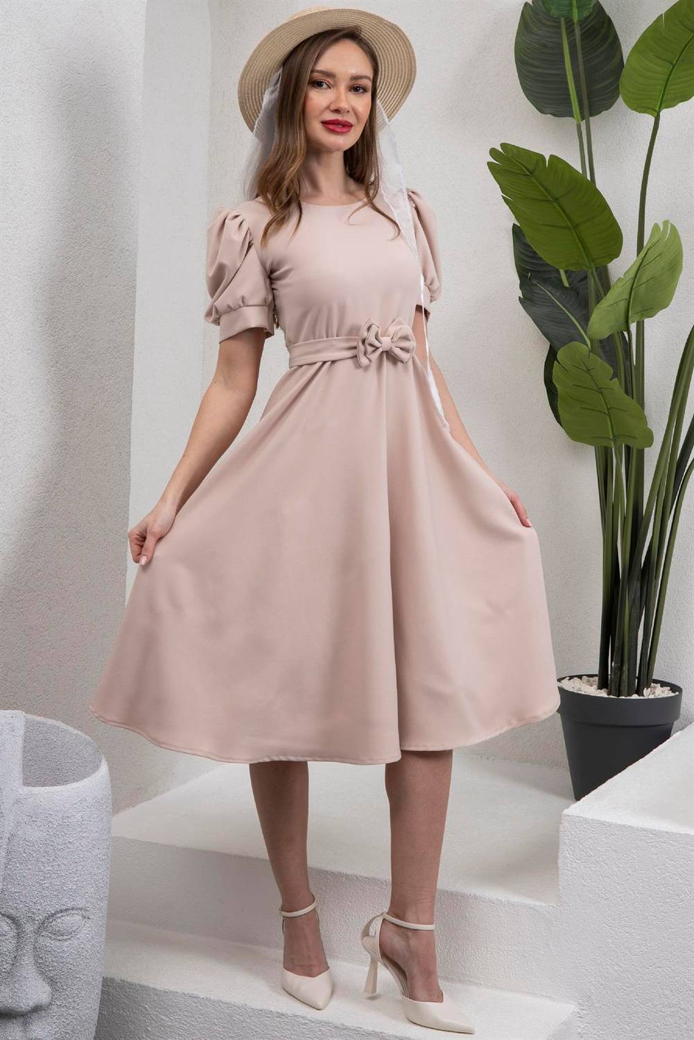 Bej Rengi Krep Karpuz Kol Midi Boy Kloş  Elbise