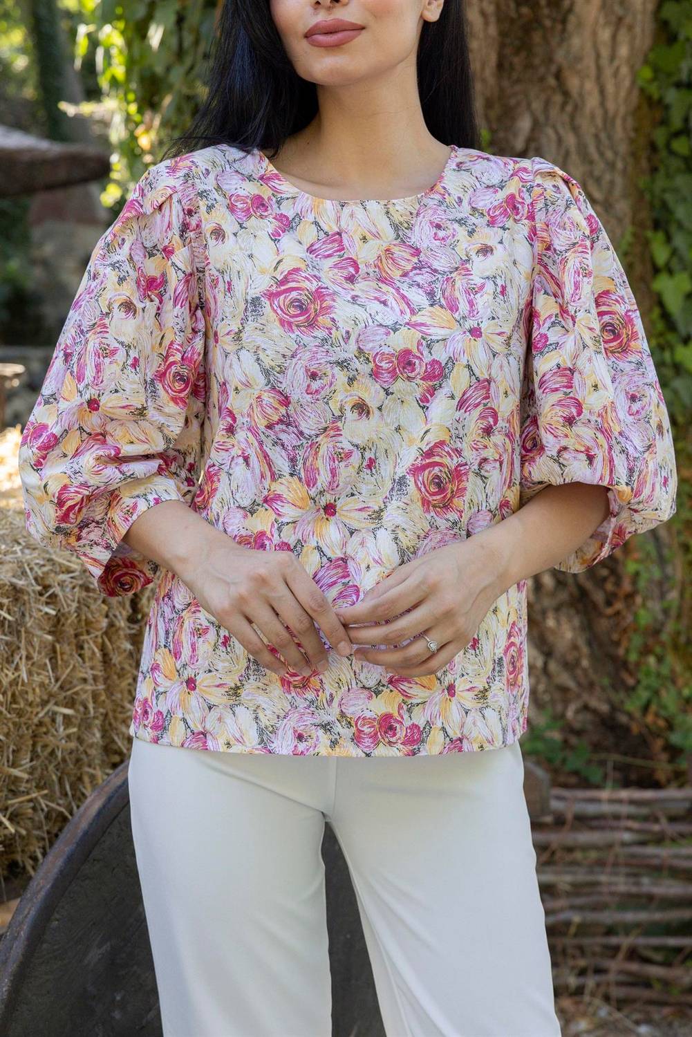 Orange Pastel Floral Loose Cut Balloon Sleeve Blouse