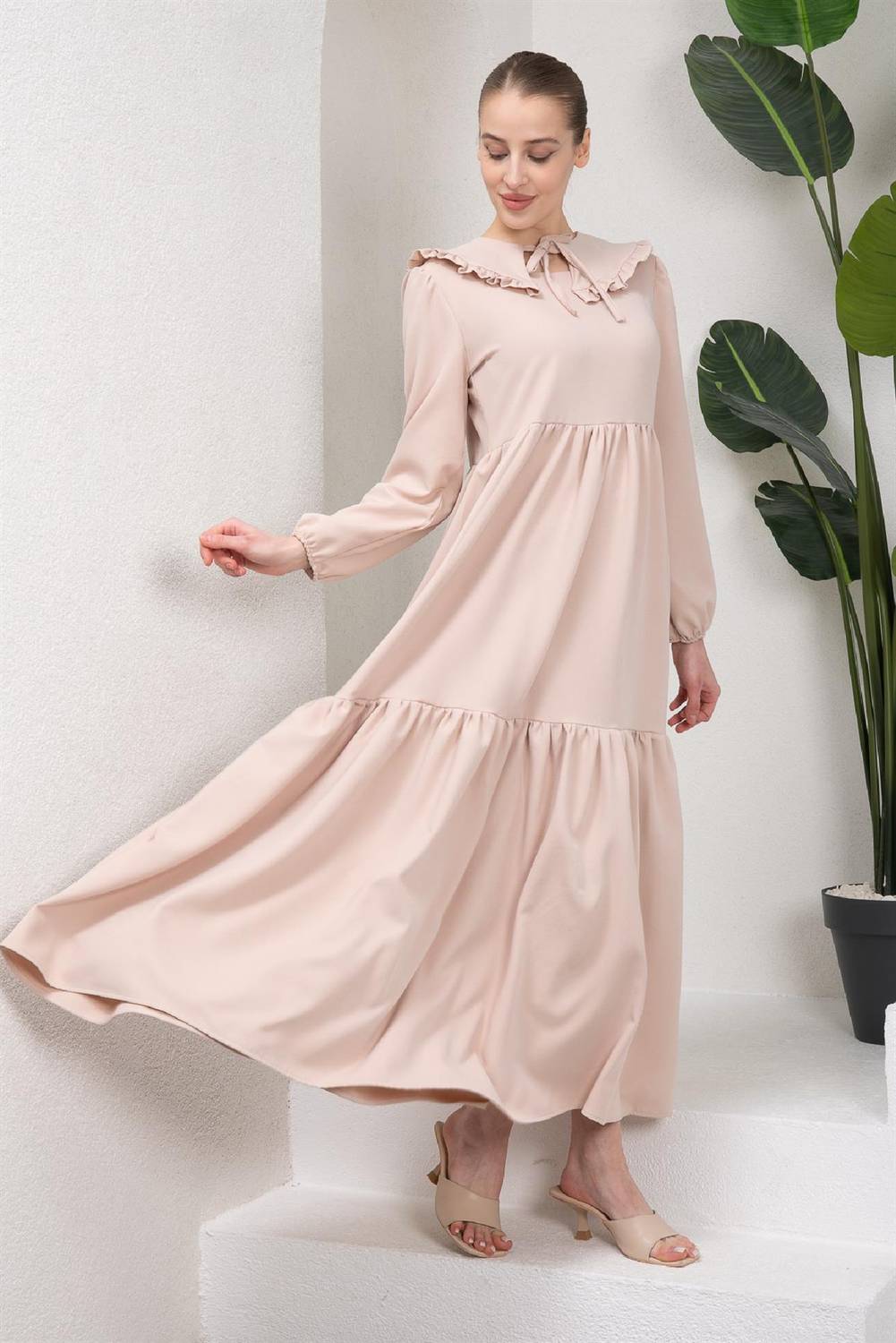 Hijab Travel Collar Beige Colored Crepe Dress