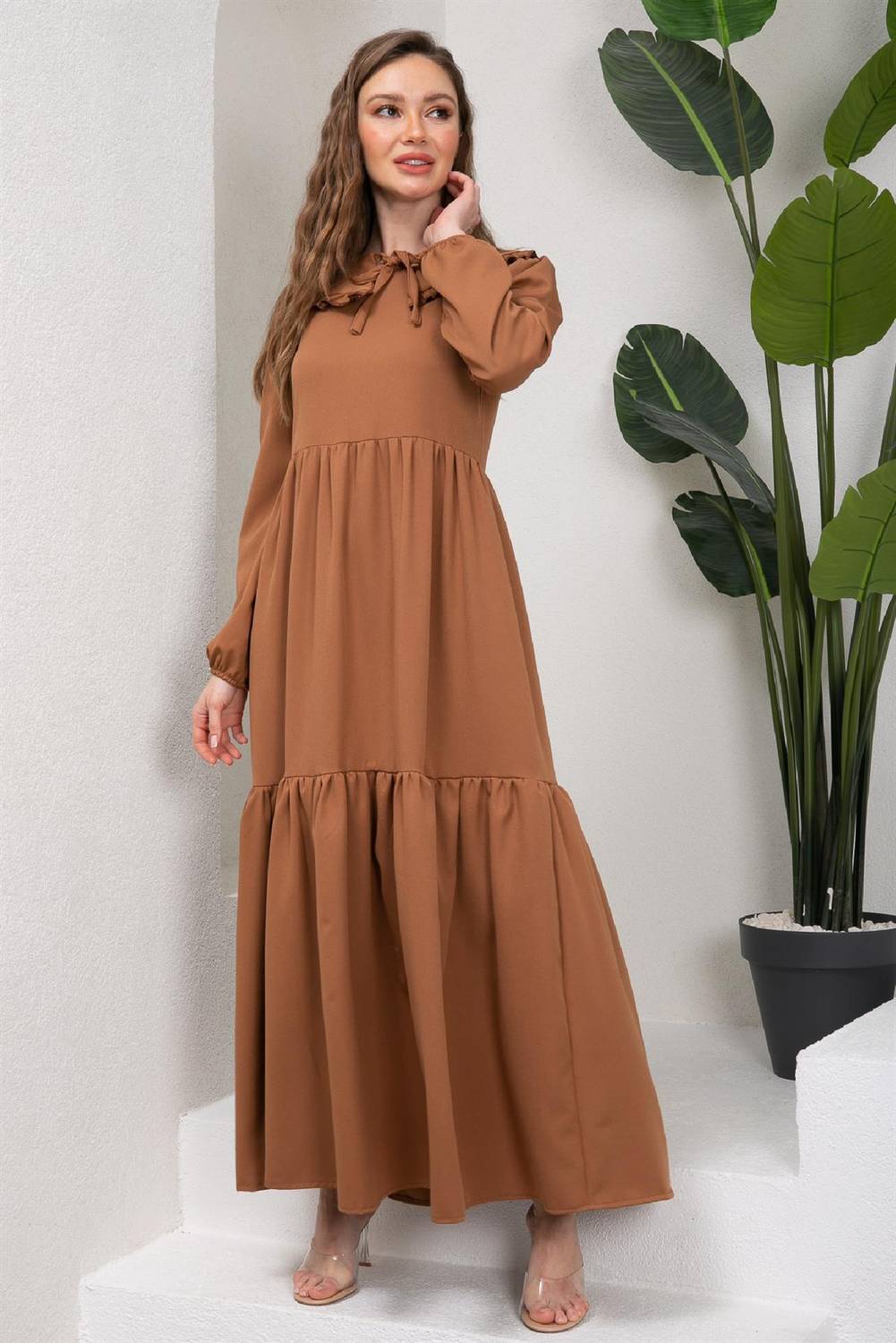 Hijab Mobile Collar Caramel Layered Crepe Dress
