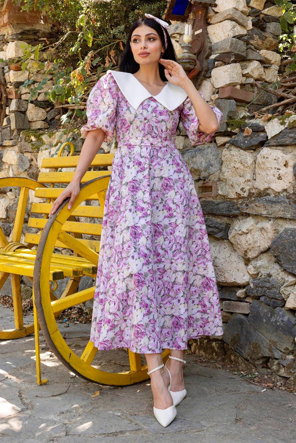 Collared Pink Pastel Floral Balloon Sleeve Flared Dress