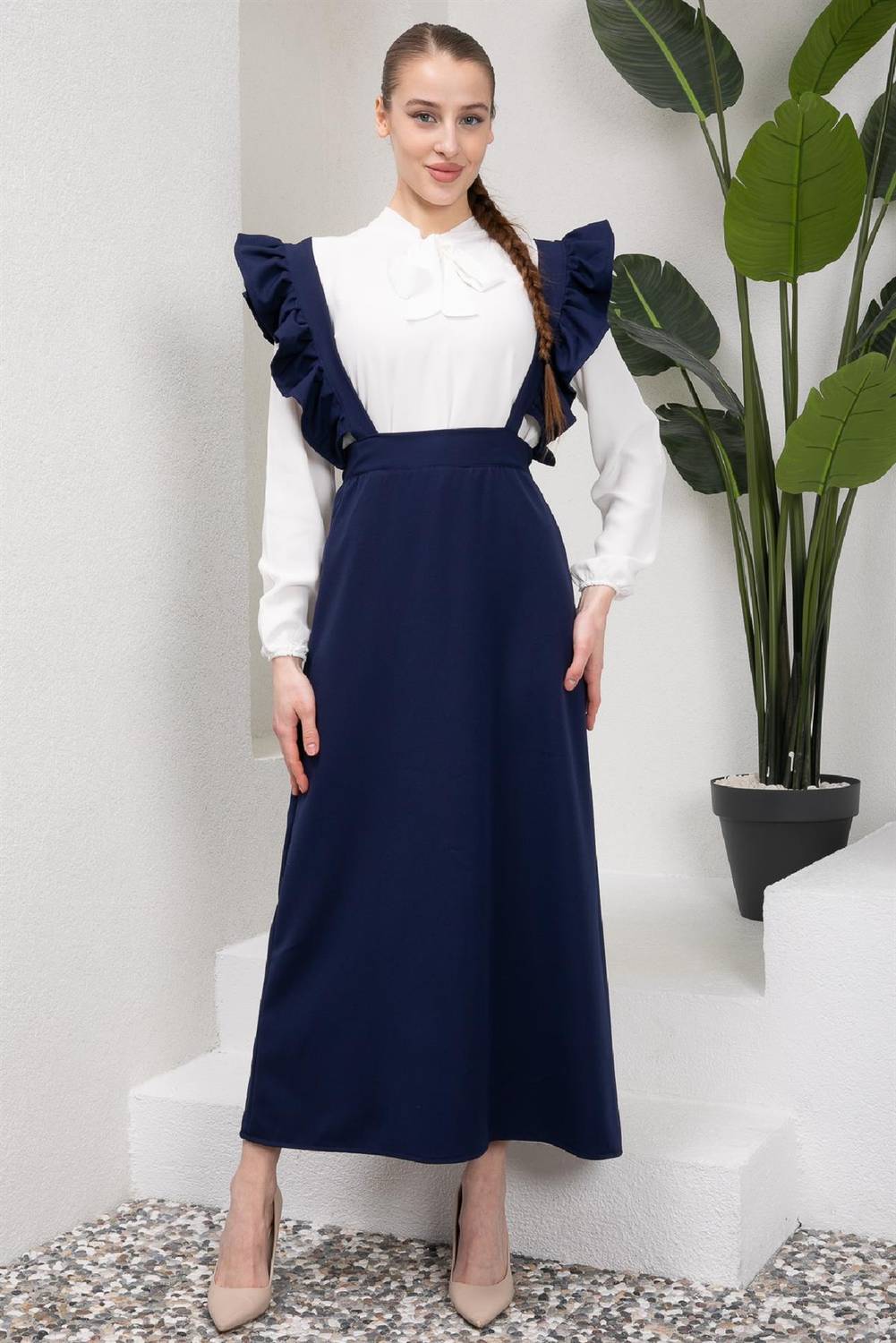 Long Navy Blue Crepe Salopet Skirt