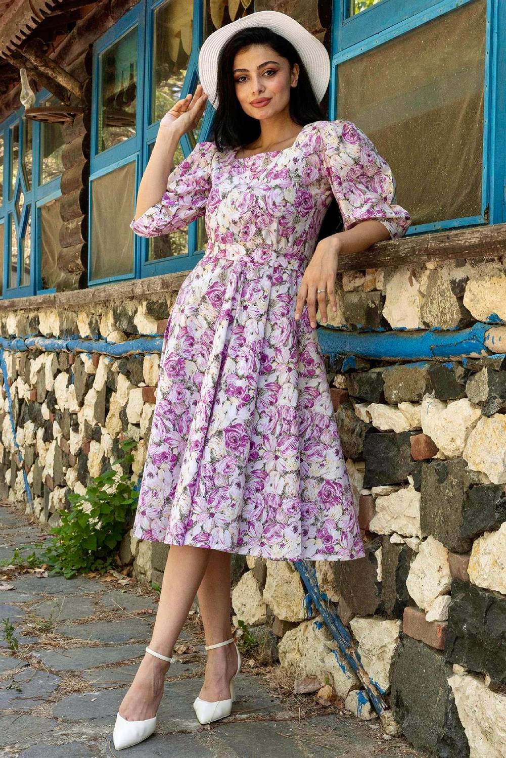 Pink Pastel Floral Square Neck Watermelon Sleeve Flared Dress