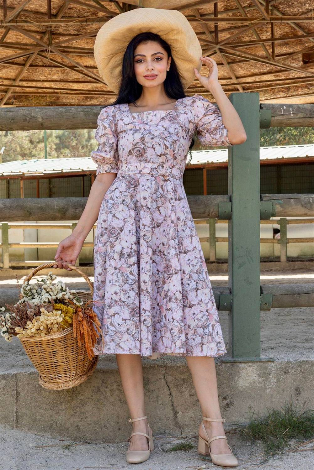 Brown Pastel Floral Square Neck Watermelon Sleeve Flared Dress