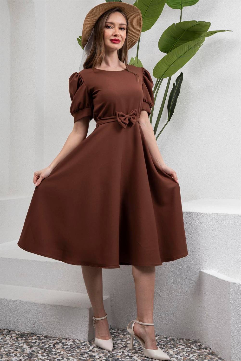 Коричневое миди платье с колоколом из двойного крепа, размеры S-3XL, для стильного образа и удобной носки 