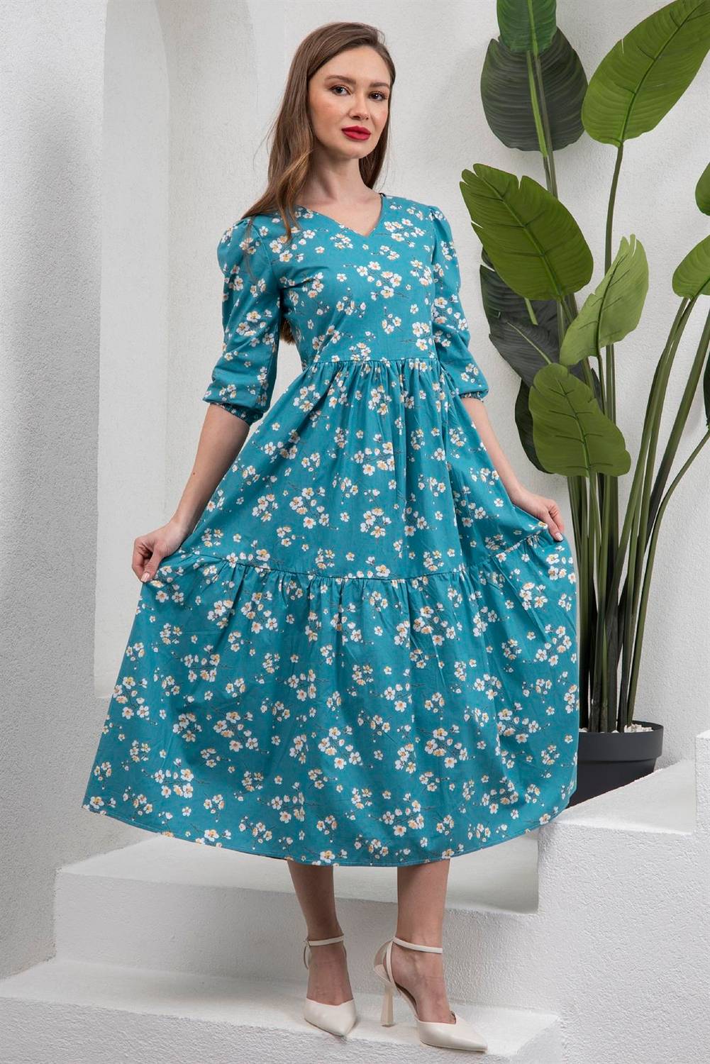 Сукня з квітковим мотивом Petrol Mavisi з V-подібним вирізом, середня довжина, поплінова тканина, з фіолетовим поясом, розміри S-3XL