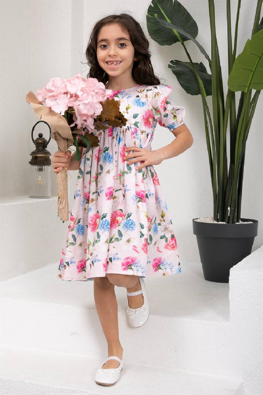 Hydrangea Floral Pink Satin Girl Dress