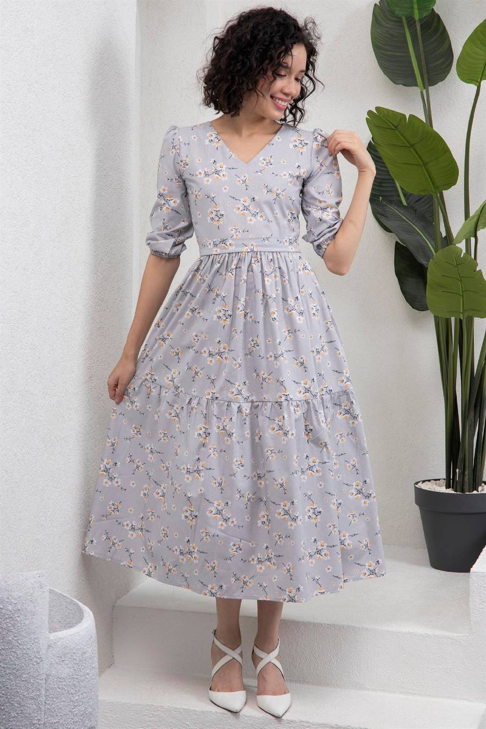 Gray Color V-Neck Midi Length Spring Branch Dress