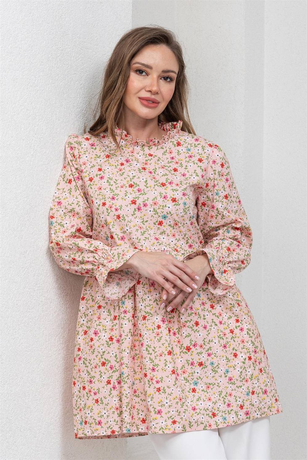 Powder Floral Ruffle Neck Poplin Tunic