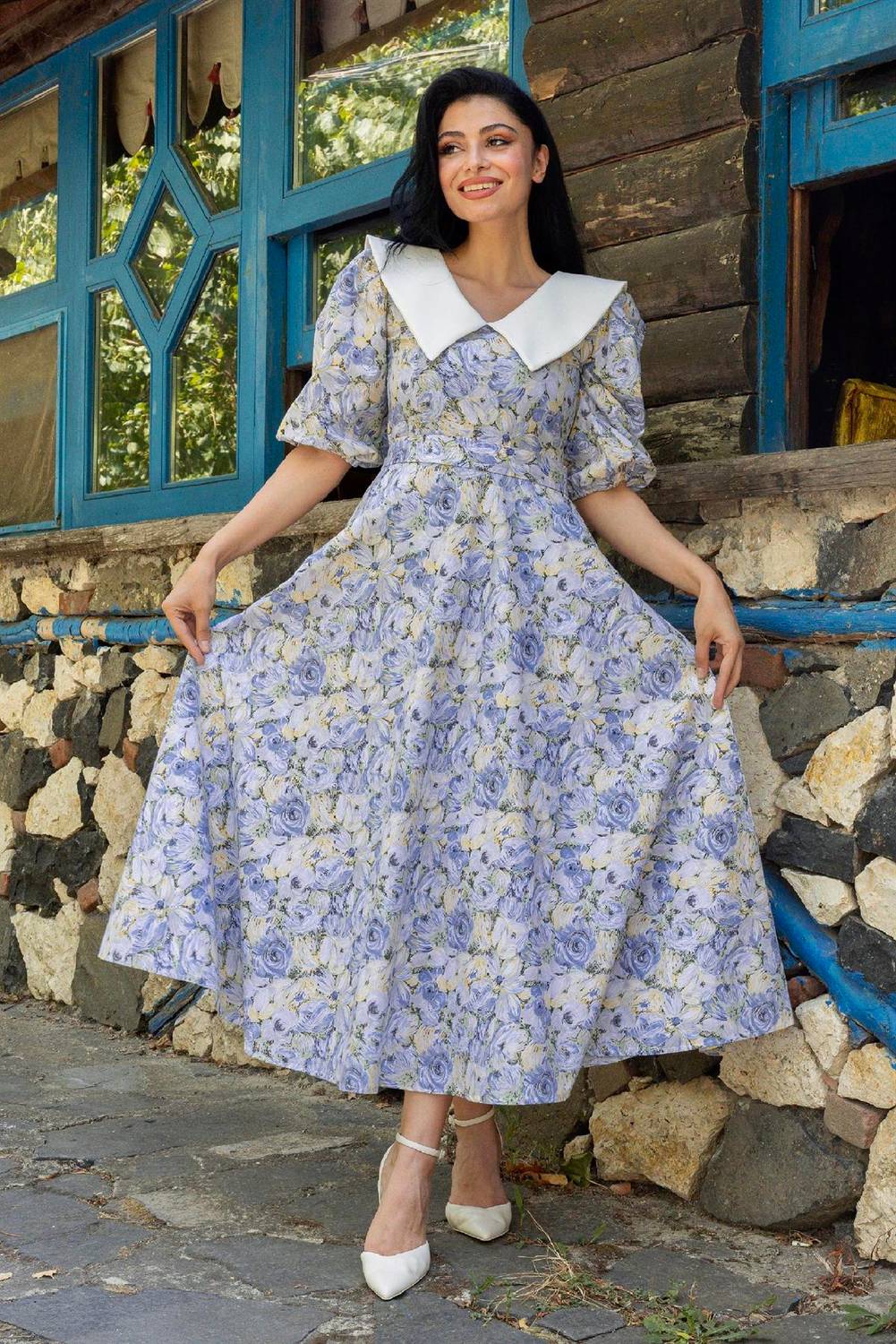 Collared Blue Pastel Floral Balloon Sleeve Flared Dress