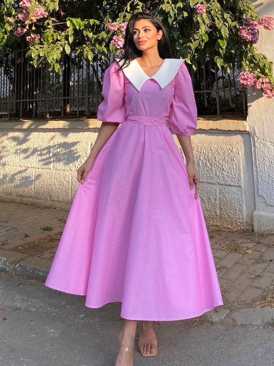 Collared Pink Polka Dot Balloon Sleeve Flared Dress