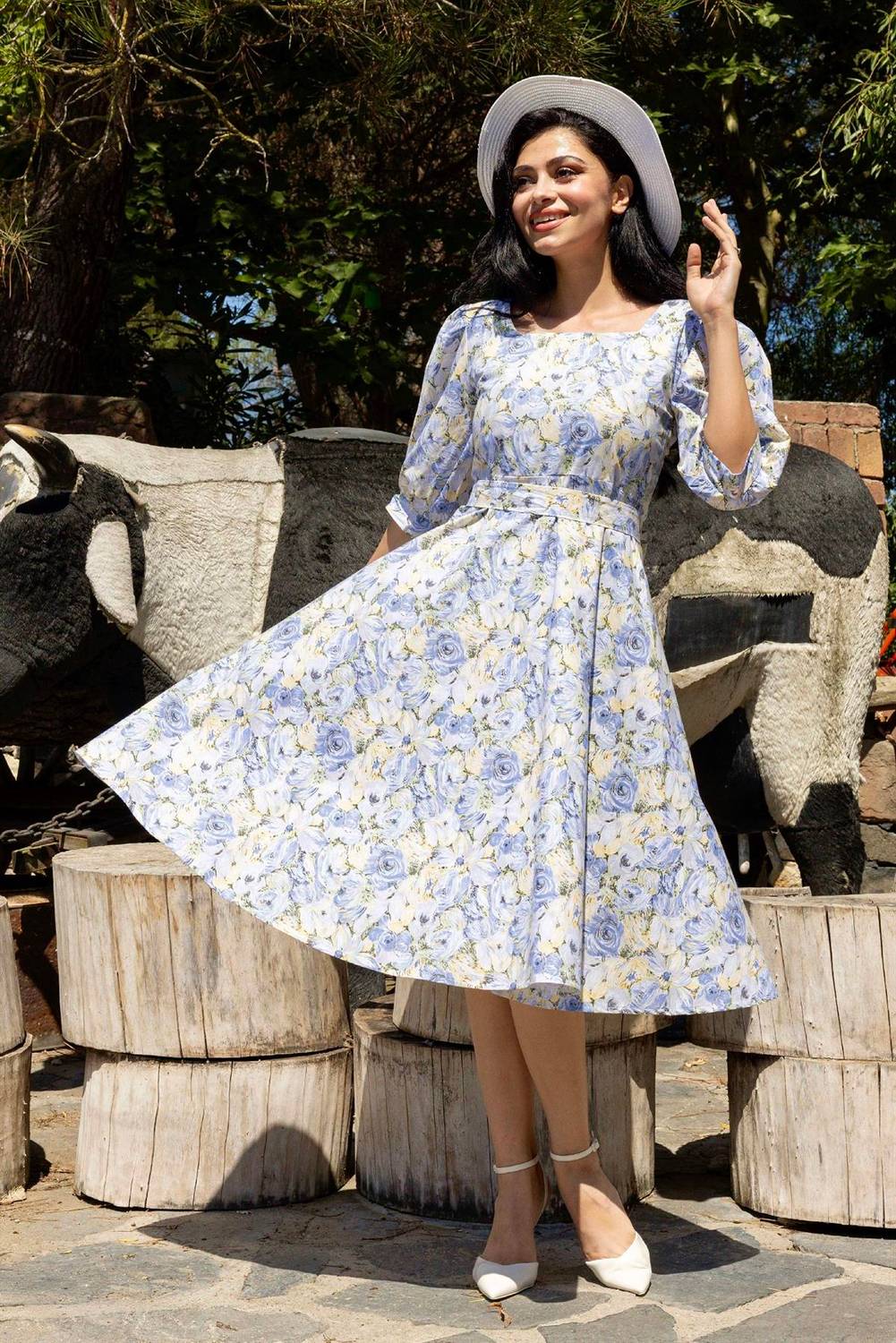 Blue Pastel Floral Square Neck Watermelon Sleeve Flared Dress