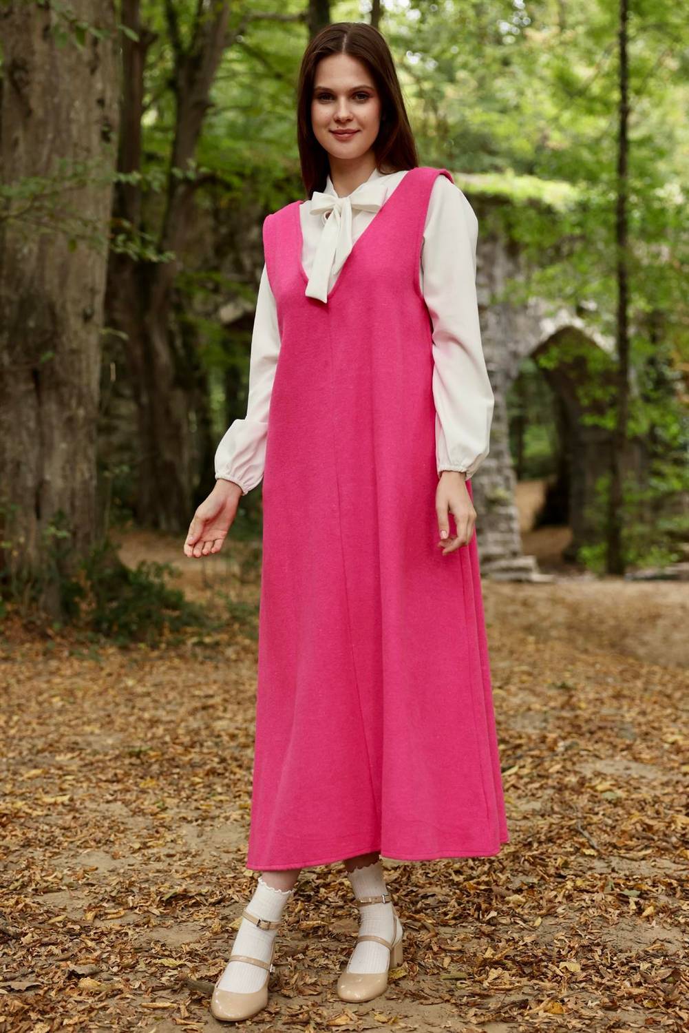 Pink Stamp Long Winter V-Neck Gilet Dress
