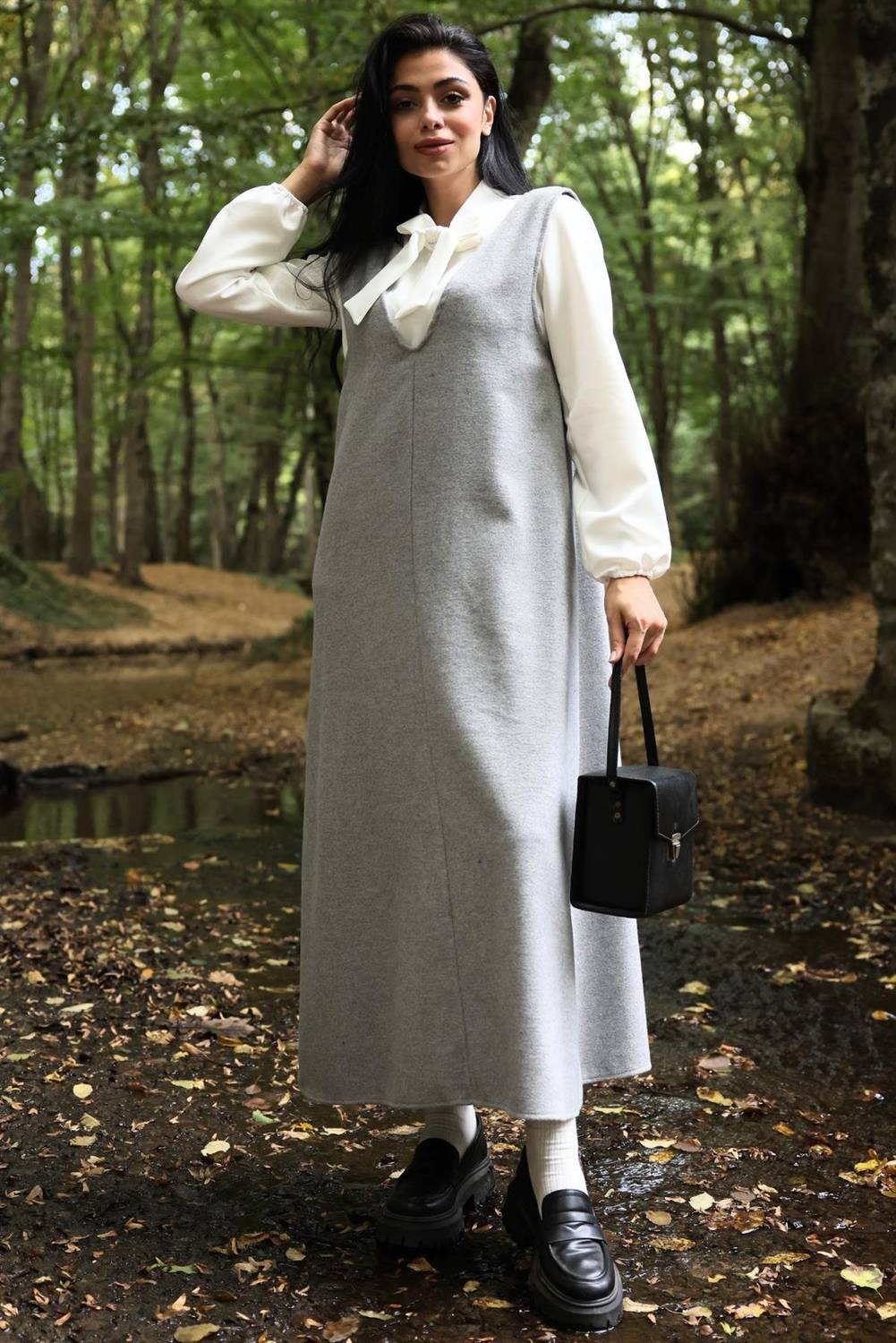 Gray Color-Cache Long Winter V-Neck Gilet Dress