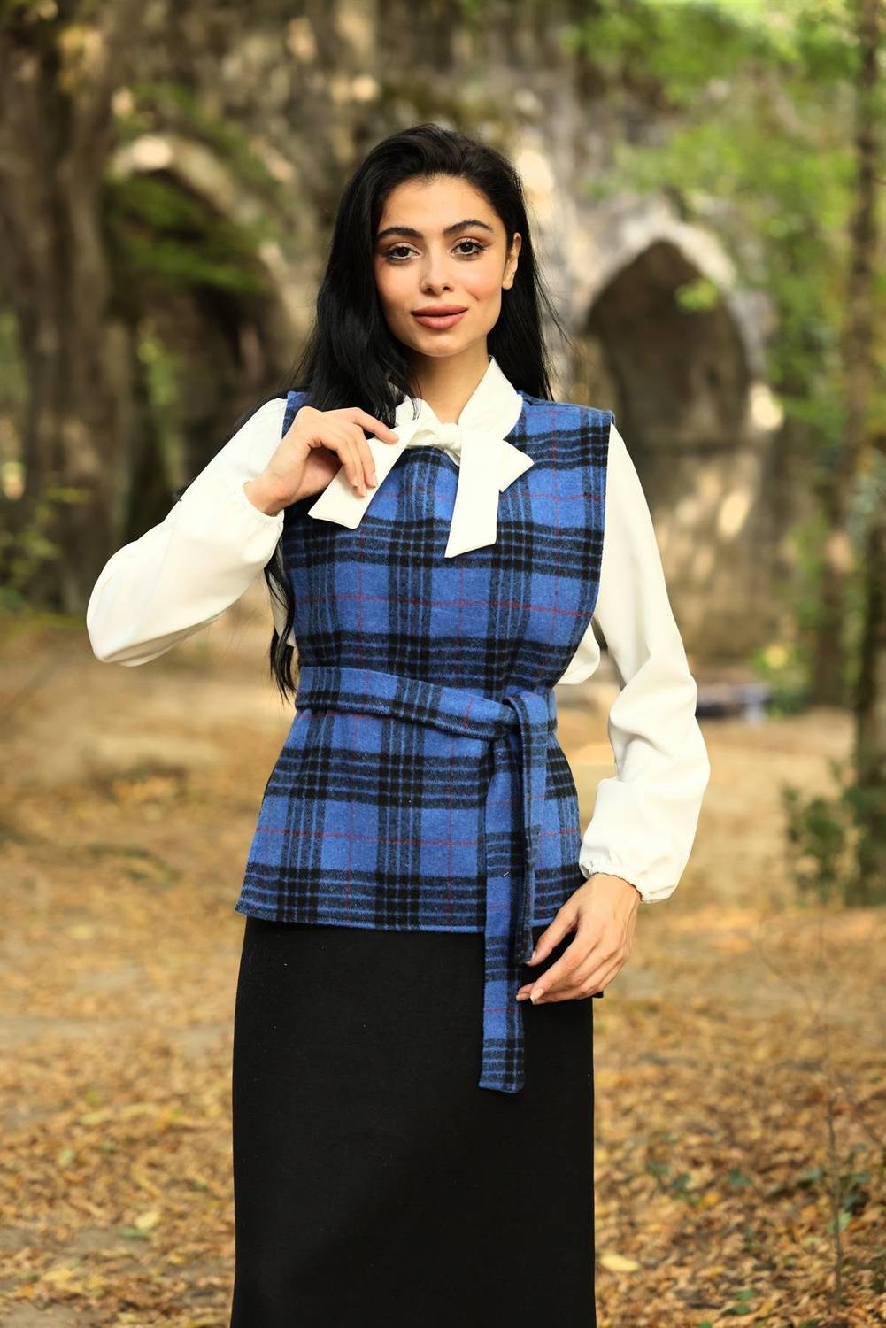 Blue Plaid Belted Vest