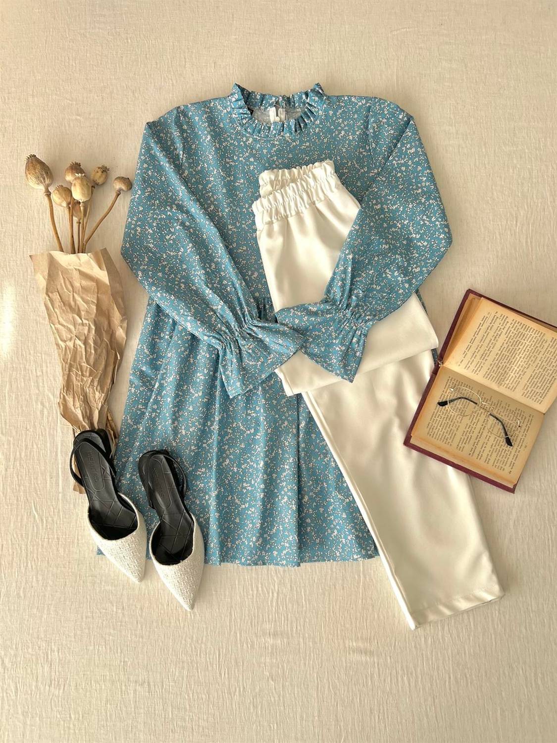 Blue Poplin Ruffle Collar Tunic