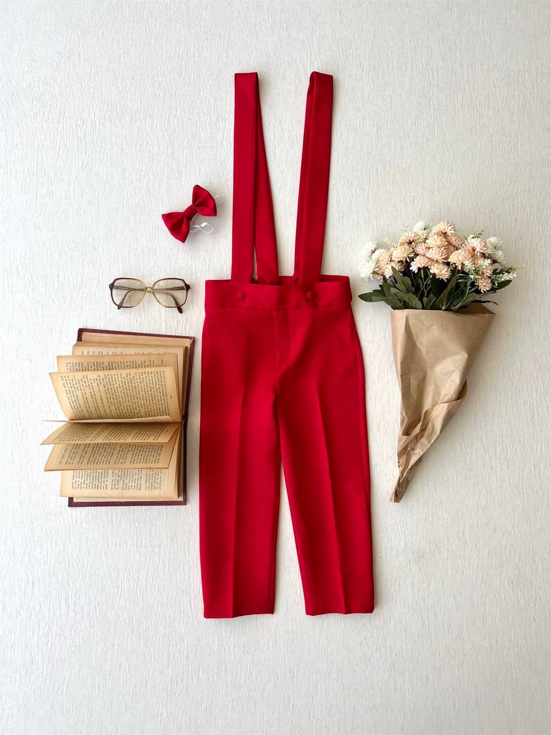 Erkek Çocuk Kırmızı Krep Salopet Papyon