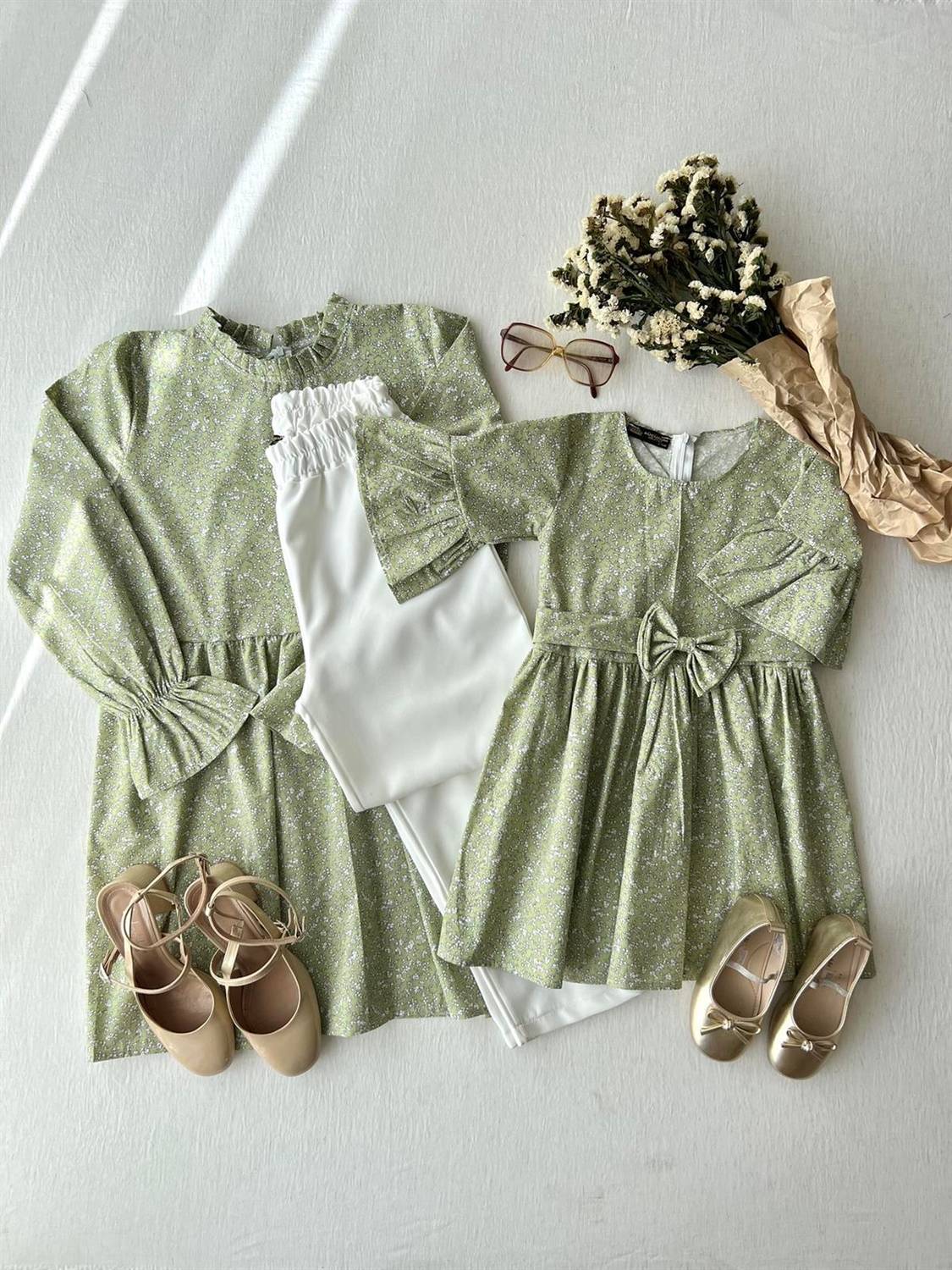 Green Poplin Tunic and Green Poplin Girl's Dress Combination