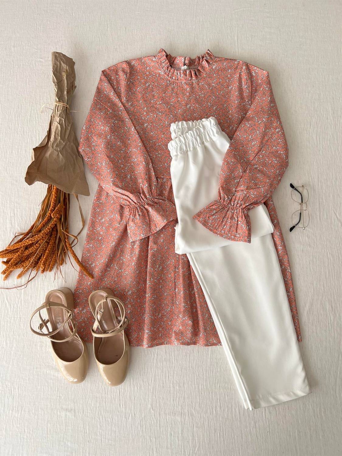 Turuncu Poplin Fırfır Yakalı Tunik