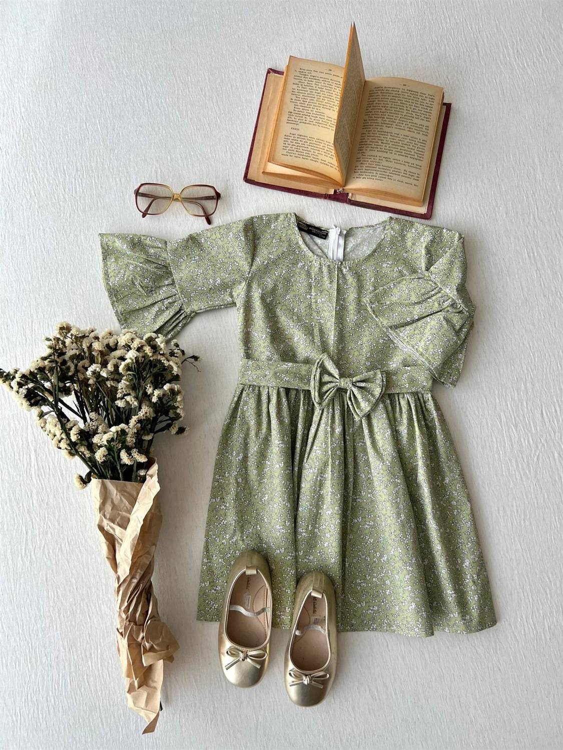 Yeşil Poplin Kız Çocuk Elbise