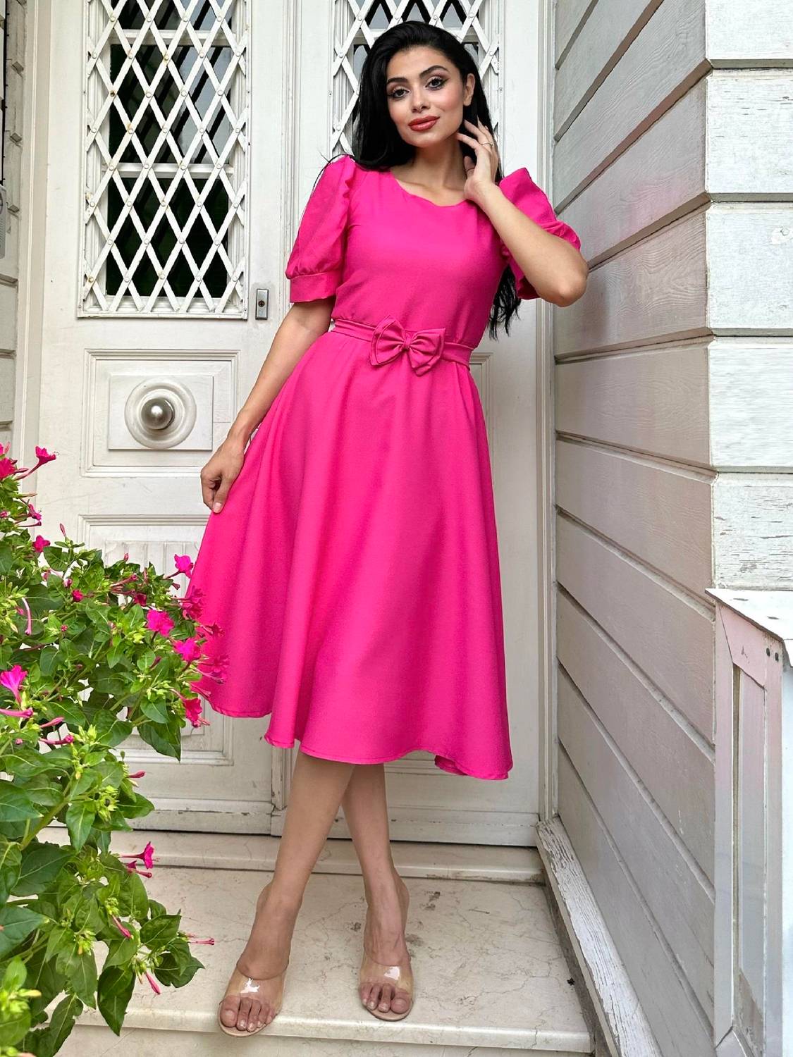 Fuşya Rengi Karpuz Kol Kloş Krep Elbise