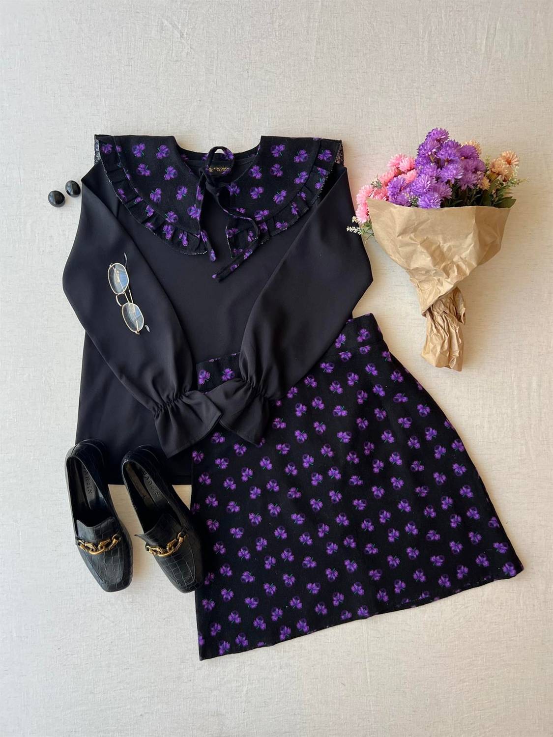 Flannel Purple Floral Skirt and Collar (Set of 2)