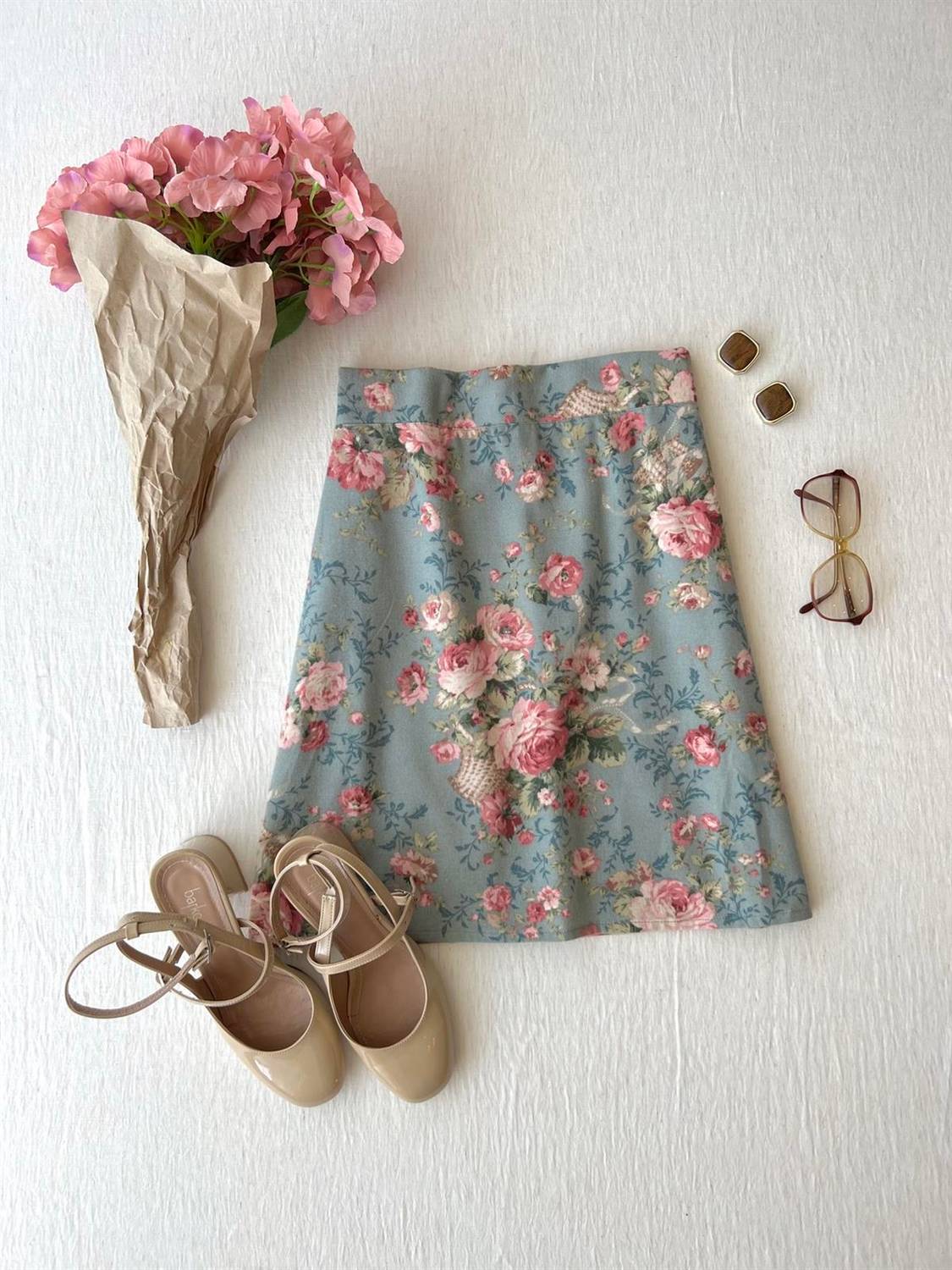 Kısa Turkuaz-Pembe Çiçekli Pazen Etek