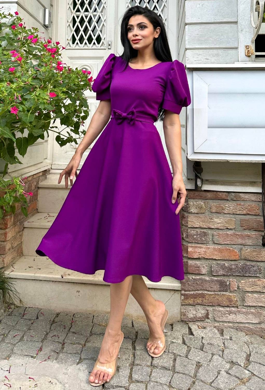 Mor Rengi Karpuz Kol Kloş Krep Elbise
