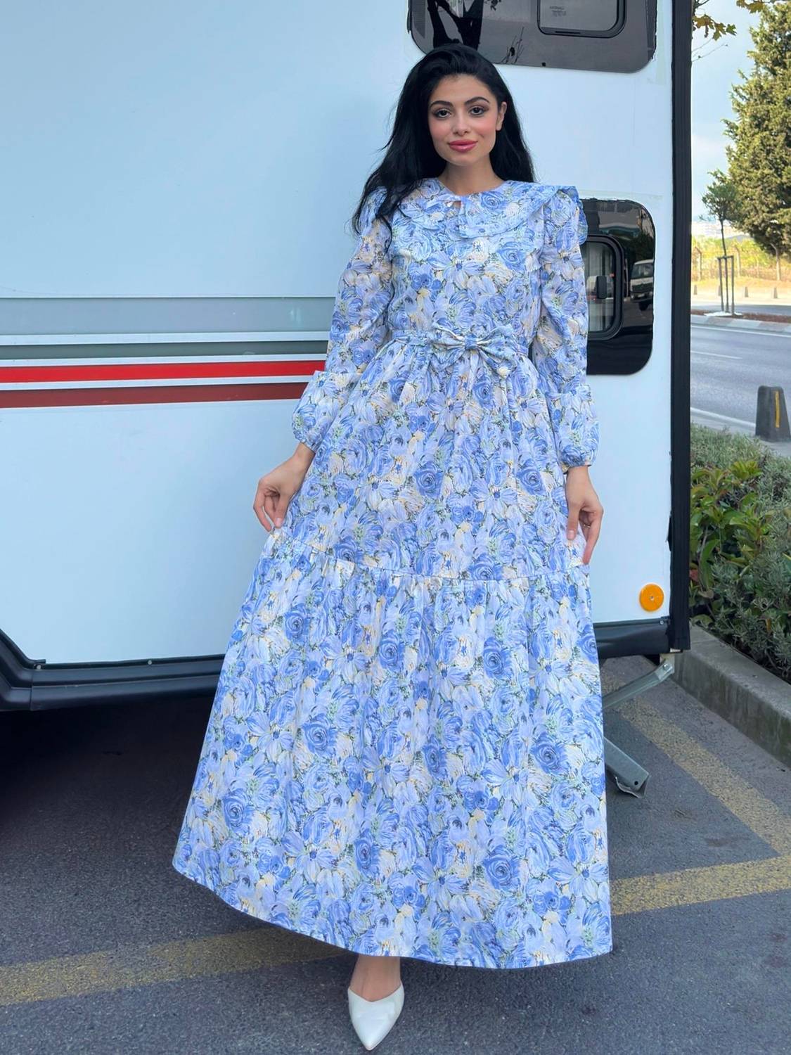 Hijab Collared Blue Soft Floral Layered Dress