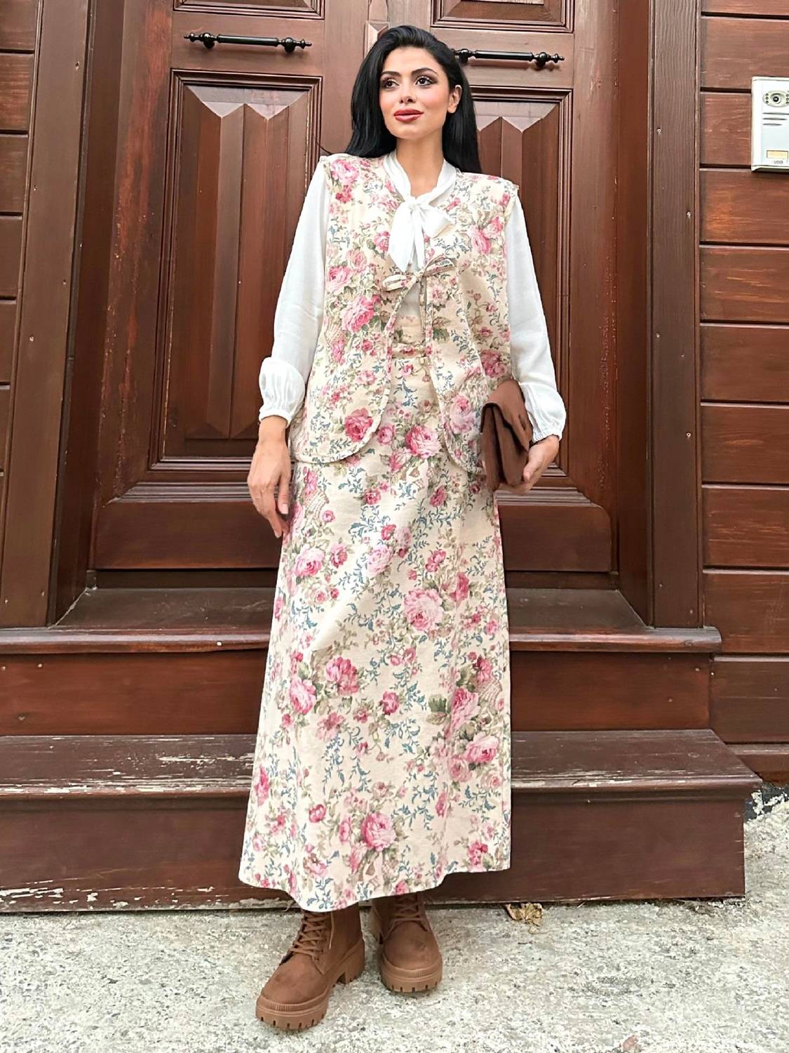 Long Cream-Pink Floral Flannel Vest-Skirt Set (Set of 2)