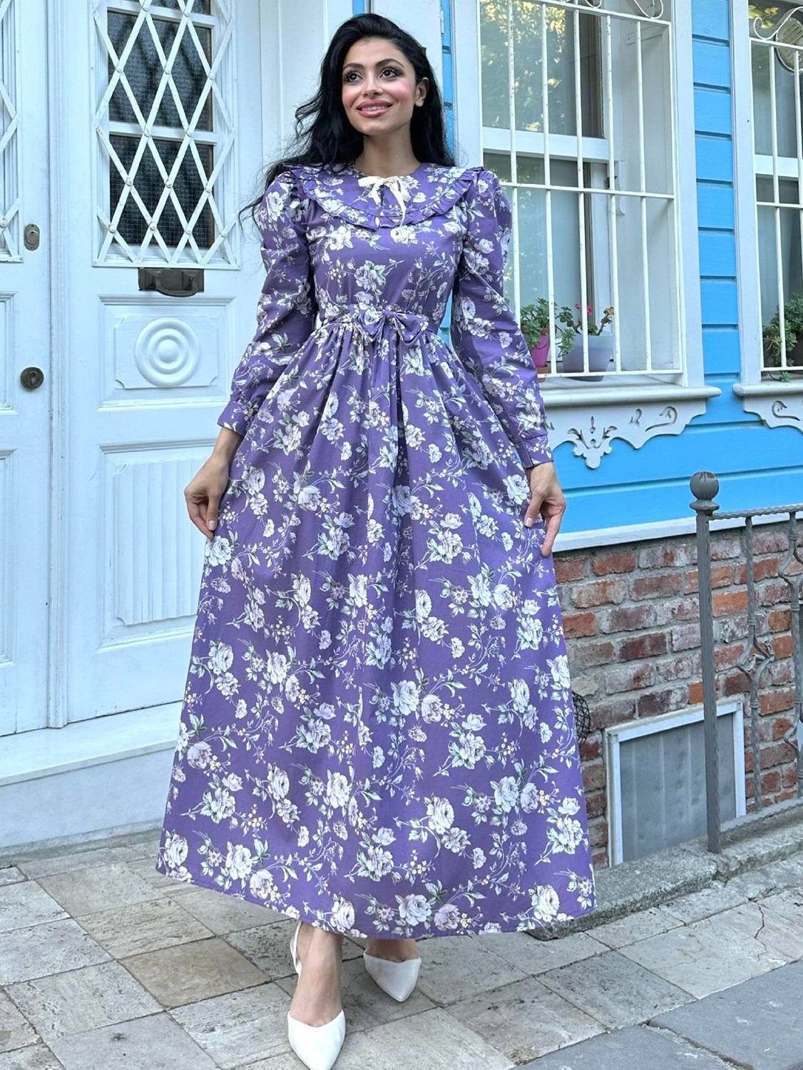 Hijab Move Collar Purple Rose Layered Dress