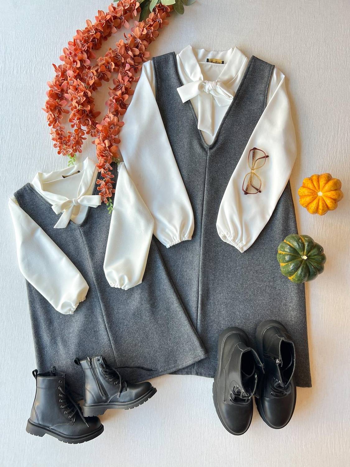 Antrasit Rengi Kaşe Jile Elbise Anne Kız Kombini