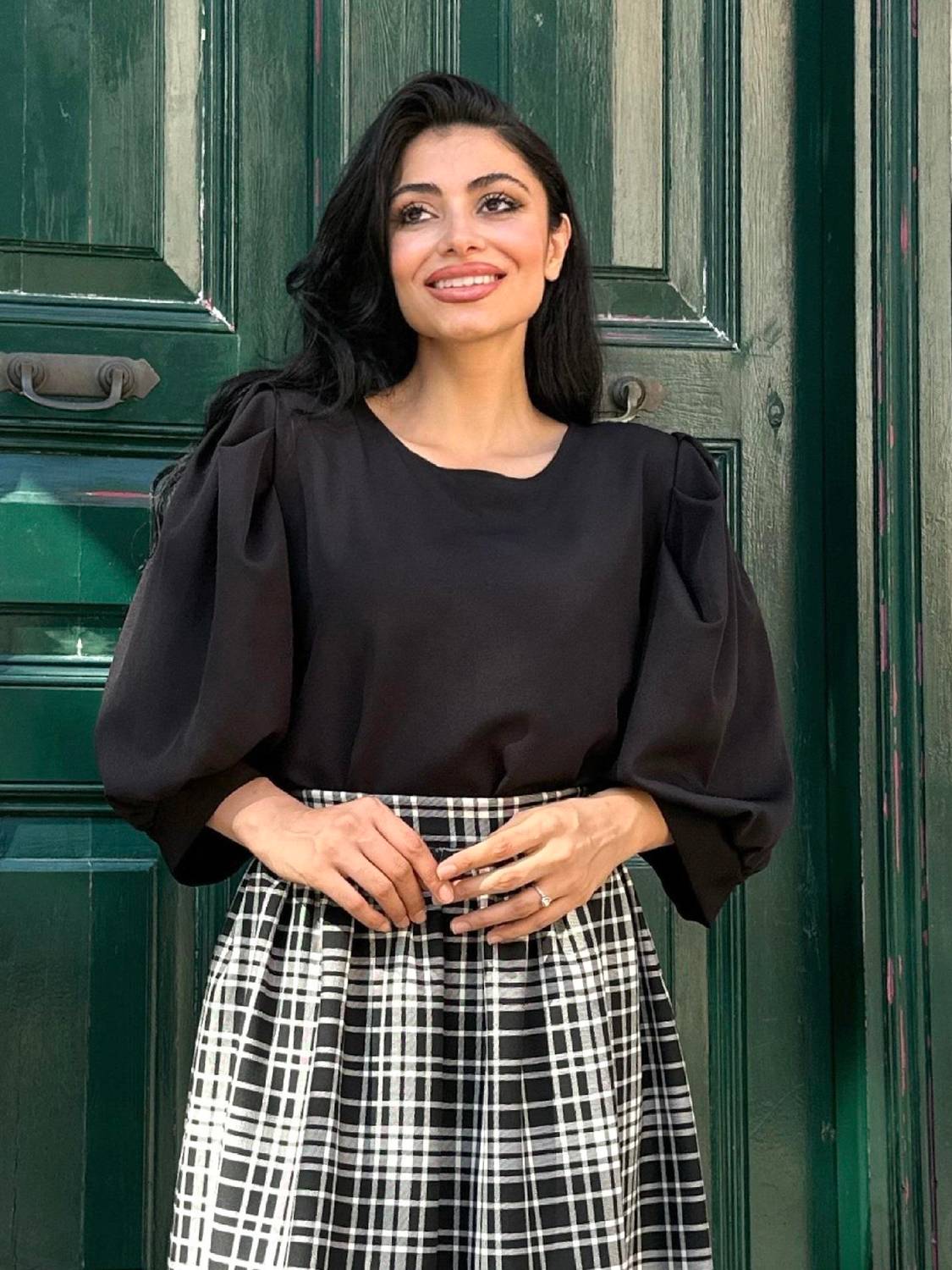 Black Balloon Sleeve Crepe Blouse