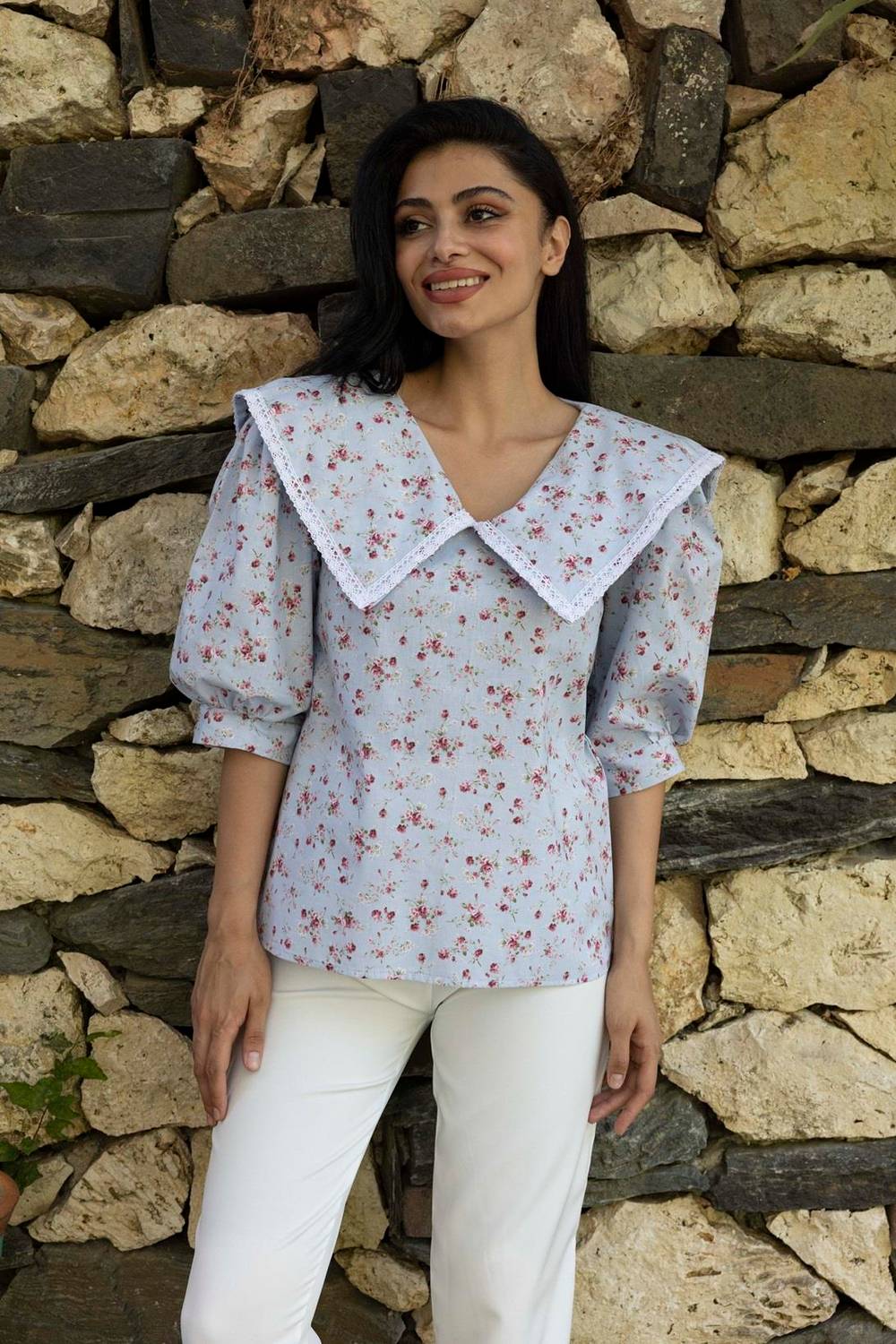 blue floral vintage collar lace blouse