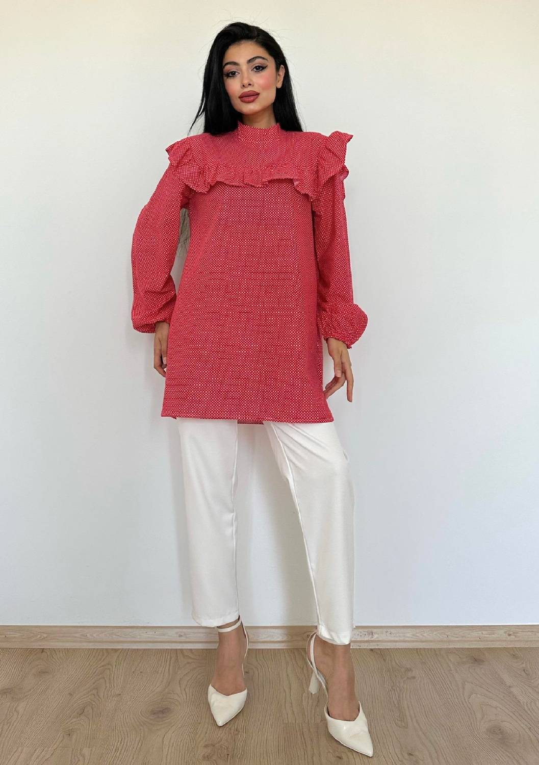 Red Polka Dot Frilly Long Poplin Tunic