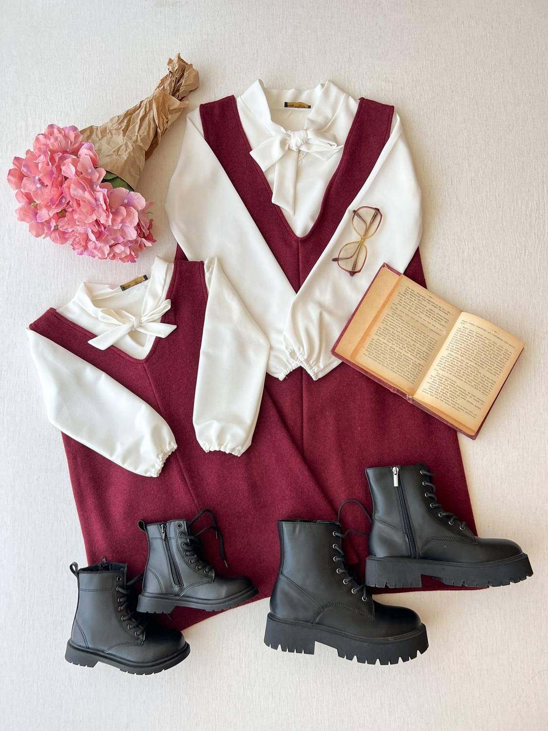 فستان جيلة للنساء والفتيات بلون بورودو، قماش كاشه مريح ومناسب لمناسبات عائلية، تصميم فضفاض للأطفال والنساء