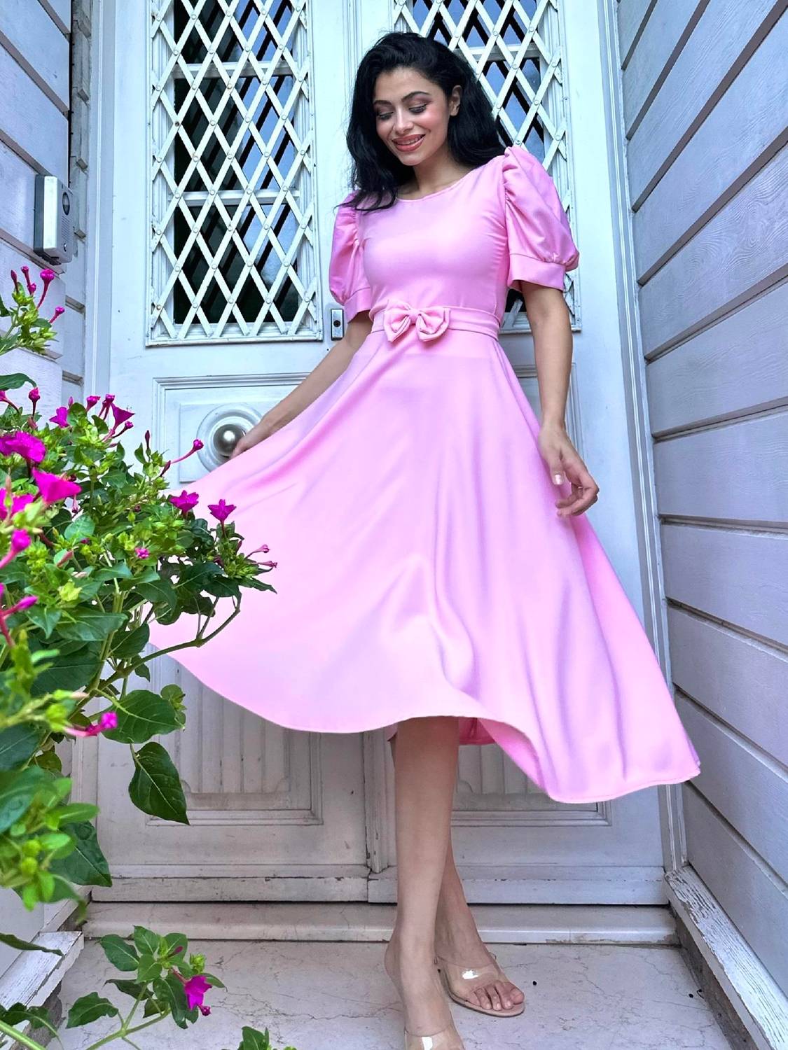 Powder Color Crepe Midi Length Flared Dress with Watermelon Sleeves