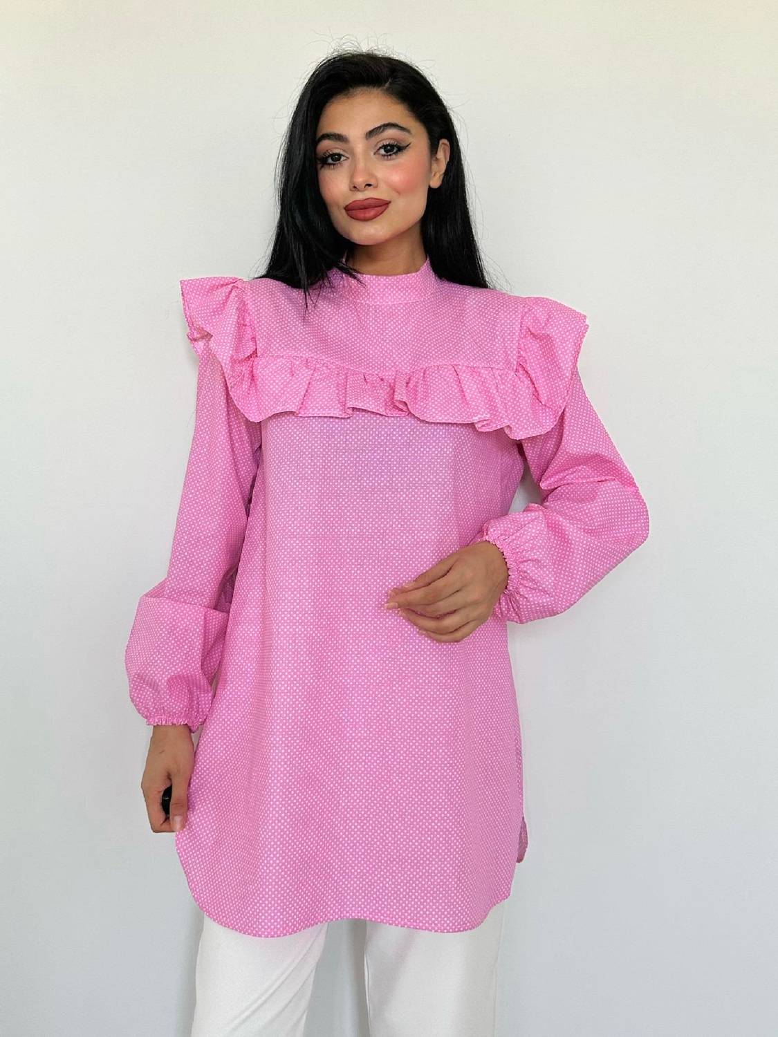 Pink Polka Dot Frilly Long Poplin Tunic