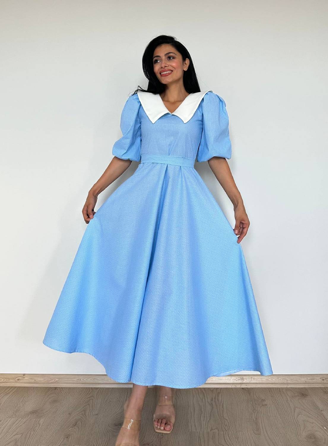 Collared Blue Polka Dot Balloon Sleeve Flared Dress